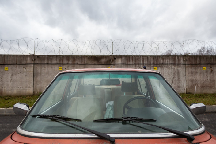 a red car parked outside